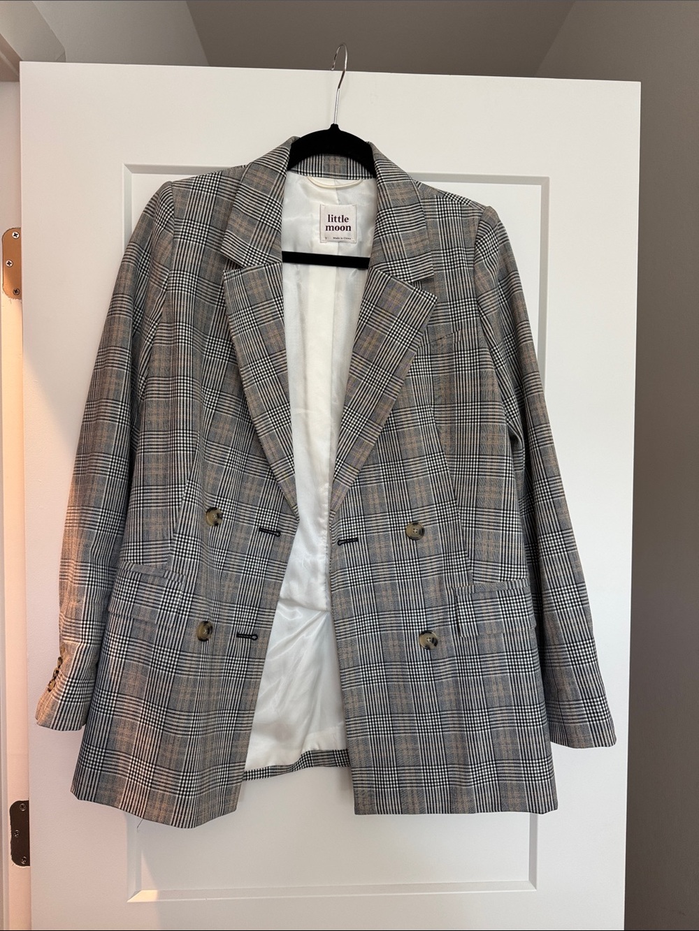 Little Moon Plaid Double-Breasted Blazer in Taupe and Black Checks